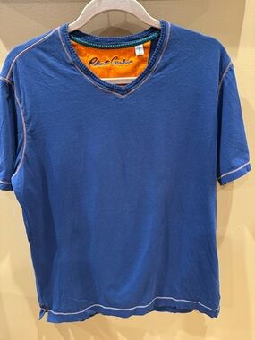 Robert Graham Navy V-Neck Short Sleeve Classic Fit Tee with Orange Accent Large